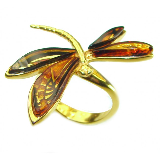 Butterfly Authentic Baltic Amber 14K Gold over .925 Sterling Silver handcrafted ring; s. 8 adjustable