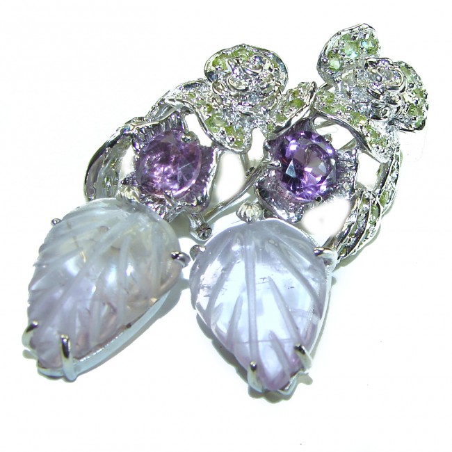 Purple Leaf authentic carve Amethyst .925 Sterling Silver handmade Statement earrings