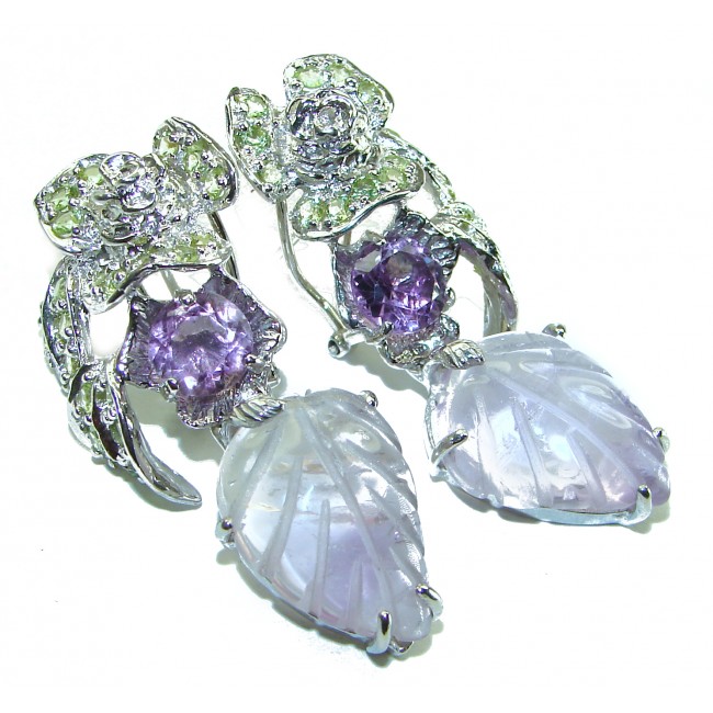 Purple Leaf authentic carve Amethyst .925 Sterling Silver handmade Statement earrings