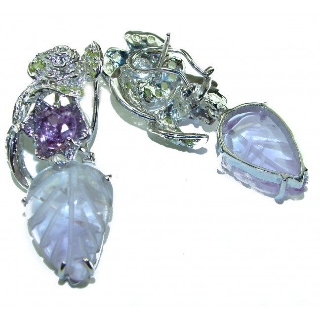 Purple Leaf authentic carve Amethyst .925 Sterling Silver handmade Statement earrings