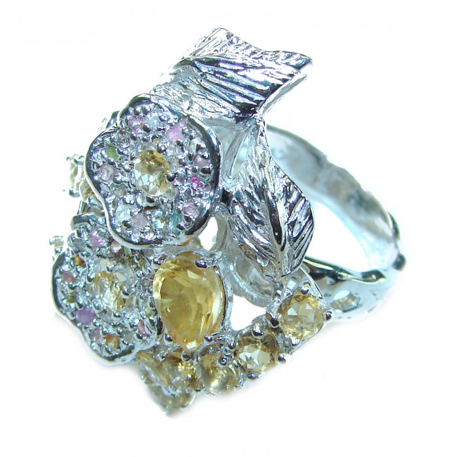 Summer Flowers Genuine Citrine .925 Sterling Silver handmade Cocktail Ring s. 8 1/2