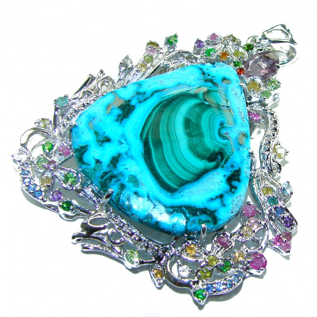 Colors of the Earth Authentic Chrysocolla .925 Sterling Silver handcrafted Large Pendant - Brooch