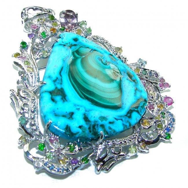 Colors of the Earth Authentic Chrysocolla .925 Sterling Silver handcrafted Large Pendant - Brooch