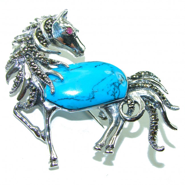 Blue Horse Excellent inlay Turquoise .925 Sterling Silver handcrafted Pendant Brooch