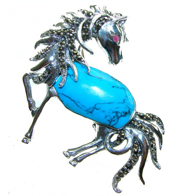 Blue Horse Excellent inlay Turquoise .925 Sterling Silver handcrafted Pendant Brooch