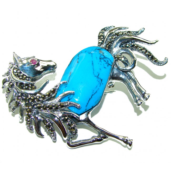 Blue Horse Excellent inlay Turquoise .925 Sterling Silver handcrafted Pendant Brooch