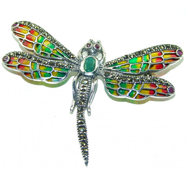 Big Dragonfly Emerald Enamel .925 Sterling Silver handcrafted Pendant Brooch