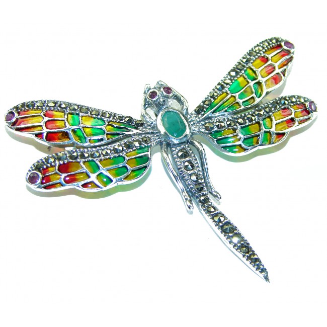 Big Dragonfly Emerald Enamel .925 Sterling Silver handcrafted Pendant Brooch