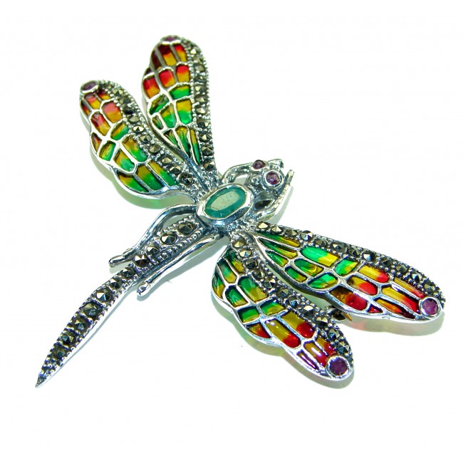 Big Dragonfly Emerald Enamel .925 Sterling Silver handcrafted Pendant Brooch