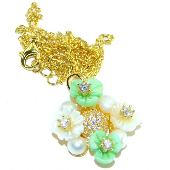 Spring Flowers Blister Pearl Emerald 14K Gold over .925 Sterling Silver Necklace