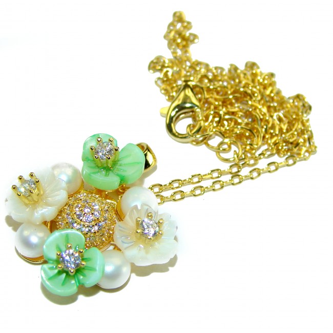 Spring Flowers Blister Pearl Emerald 14K Gold over .925 Sterling Silver Necklace