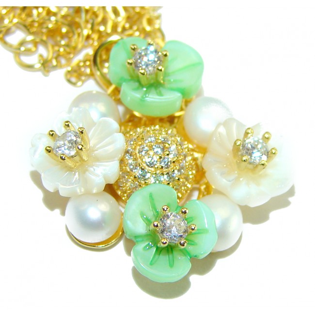 Spring Flowers Blister Pearl Emerald 14K Gold over .925 Sterling Silver Necklace