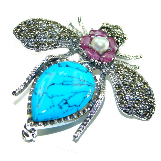 Blue Bee genuine Turquoise .925 Sterling Silver handmade Pendant - Brooch