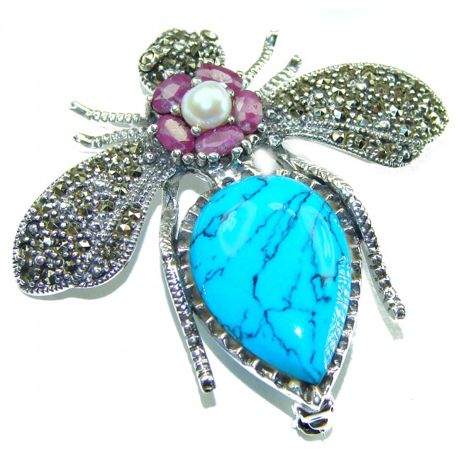 Blue Bee genuine Turquoise .925 Sterling Silver handmade Pendant - Brooch