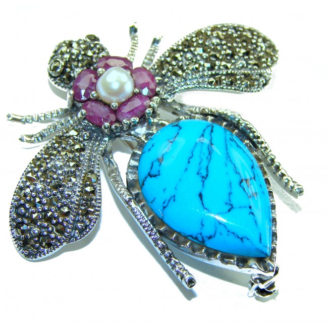 Blue Bee genuine Turquoise .925 Sterling Silver handmade Pendant - Brooch