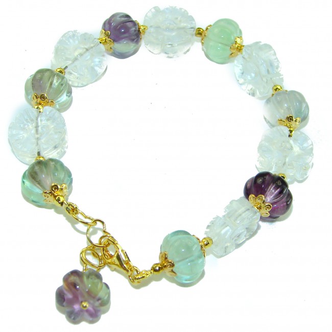 Top quality Genuine carved Fluorite 14k Gold over .925 Sterling Silver handcrafted bracelet