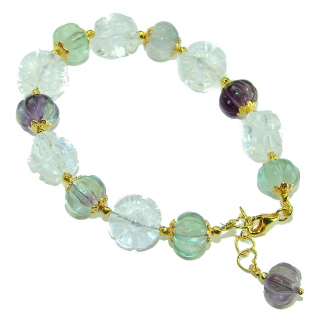 Top quality Genuine carved Fluorite 14k Gold over .925 Sterling Silver handcrafted bracelet