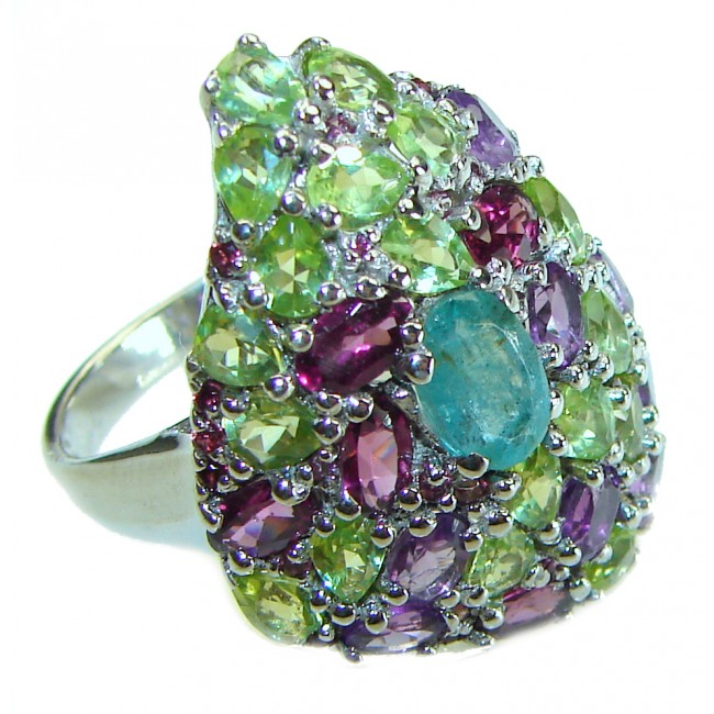 Enchanted Garden Emerald and Garnet .925 Sterling Silver handcrafted Large Ring size 9