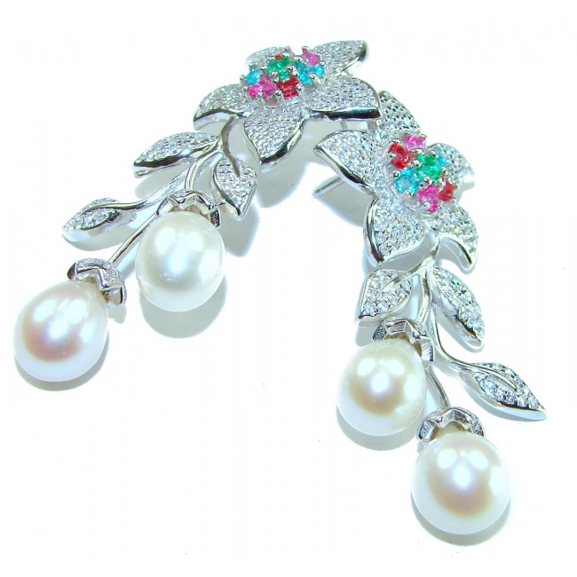 Floral Design Pearl .925 Sterling Silver handcrafted Long earrings