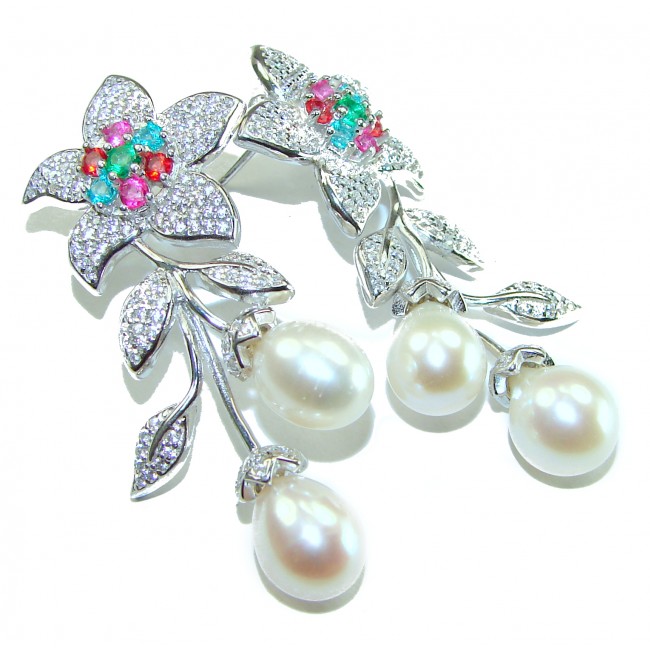 Floral Design Pearl .925 Sterling Silver handcrafted Long earrings