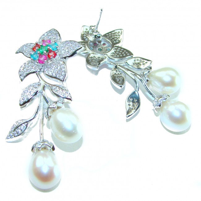 Floral Design Pearl .925 Sterling Silver handcrafted Long earrings