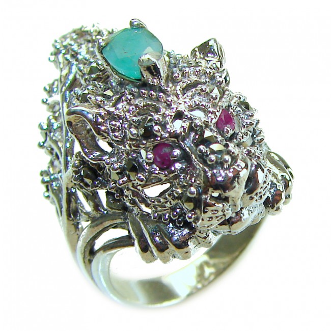 Green Panther Emerald .925 Sterling Silver handcrafted Ring size 7