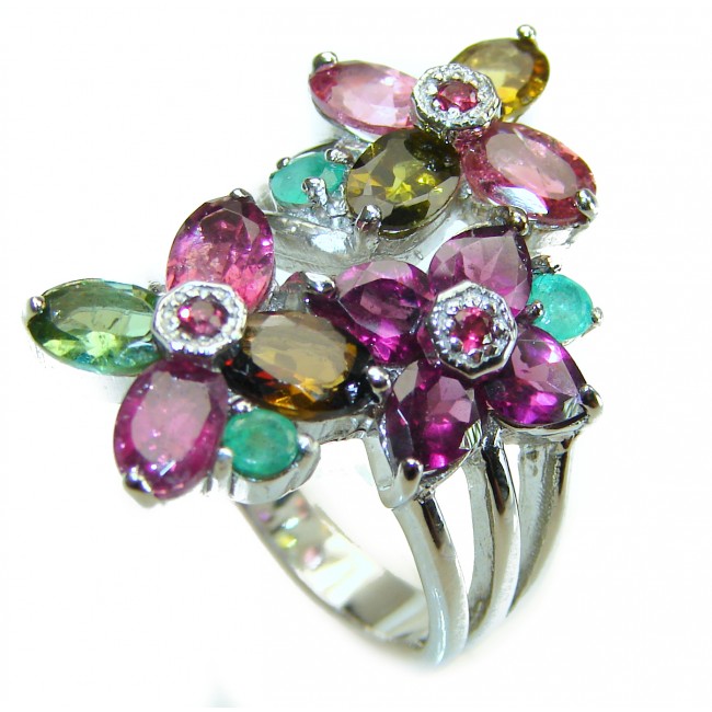 Precious Flower Tourmaline .925 Sterling Silver Handcrafted Ring size 7