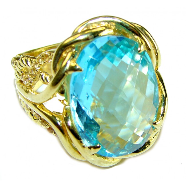 22.8 carat oval cut Swiss Blue Topaz 14K Gold over .925 Sterling Silver handmade Ring size 8 1/4