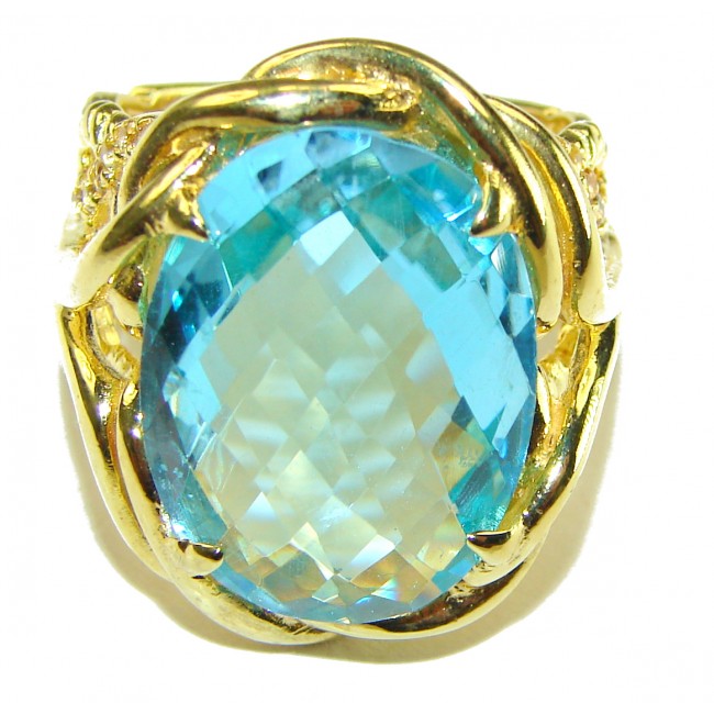 22.8 carat oval cut Swiss Blue Topaz 14K Gold over .925 Sterling Silver handmade Ring size 8 1/4