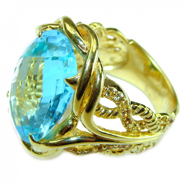 22.8 carat oval cut Swiss Blue Topaz 14K Gold over .925 Sterling Silver handmade Ring size 8 1/4