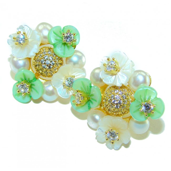 White Flowers Blister Pearl 14K Gold over .925 Sterling Silver handcrafted Earrings