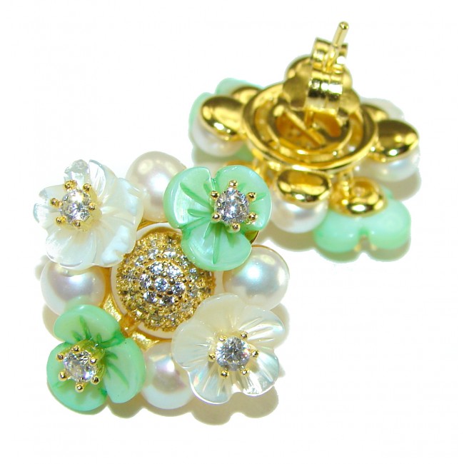 White Flowers Blister Pearl 14K Gold over .925 Sterling Silver handcrafted Earrings