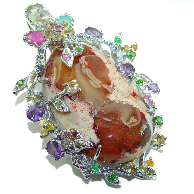 Majestic Design Natural Mexican Fire Opal .925 Sterling Silver handmade Pendant Brooch