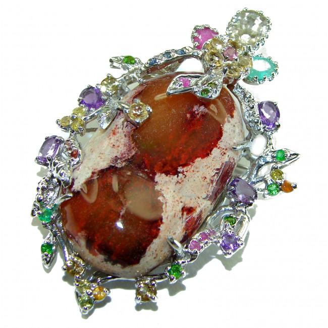 Majestic Design Natural Mexican Fire Opal .925 Sterling Silver handmade Pendant Brooch