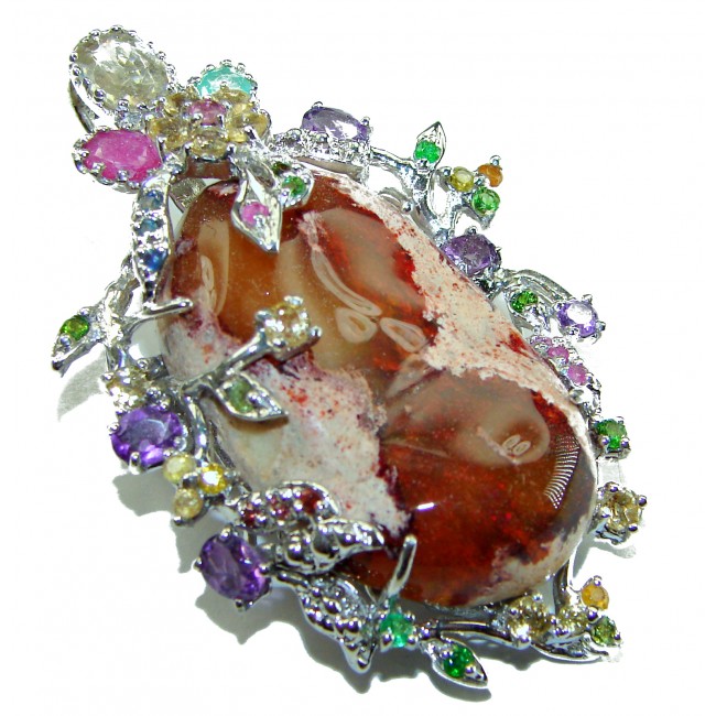 Majestic Design Natural Mexican Fire Opal .925 Sterling Silver handmade Pendant Brooch