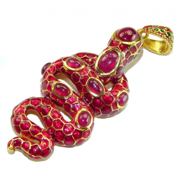 INCREDIBLE Natural Ruby Enamel Snake 18K Gold over .925 Sterling Silver Pendant