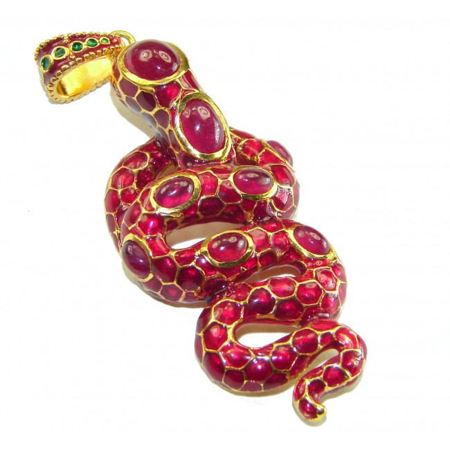 INCREDIBLE Natural Ruby Enamel Snake 18K Gold over .925 Sterling Silver Pendant