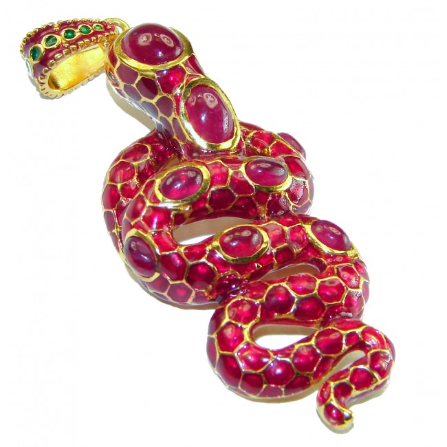 INCREDIBLE Natural Ruby Enamel Snake 18K Gold over .925 Sterling Silver Pendant