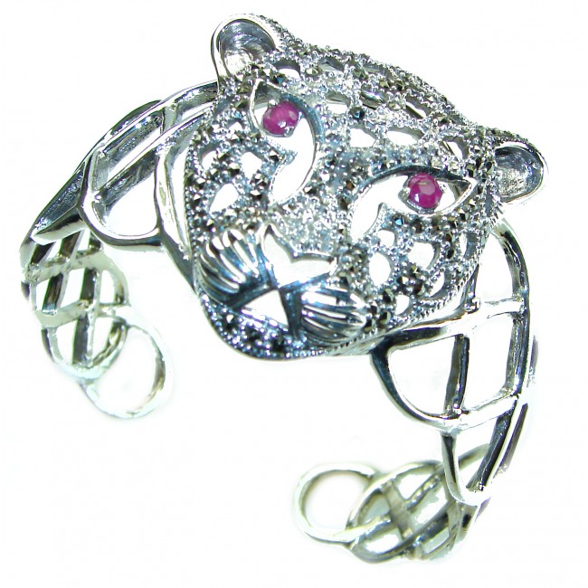 Precious Panther Natural Ruby Marcasite .925 Sterling Silver handcrafted Bracelet