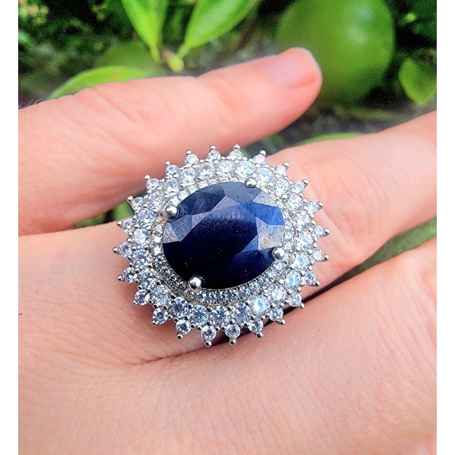 Luxurious design Princess Diana inspired Sapphire .925 Sterling Silver handcrafted Ring size 8