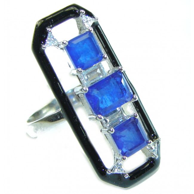 Art Deco Sapphire black enamel .925 Sterling Silver handcrafted Ring size 8