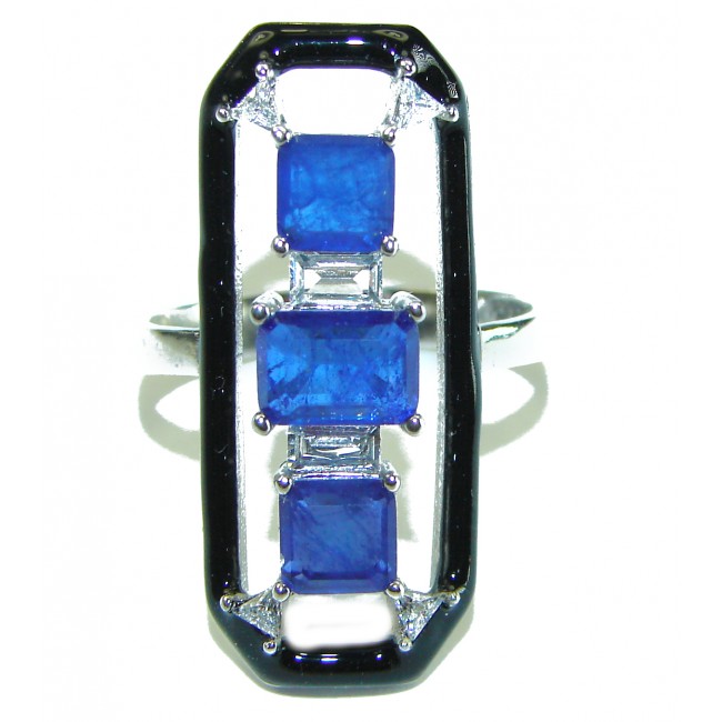 Art Deco Sapphire black enamel .925 Sterling Silver handcrafted Ring size 8