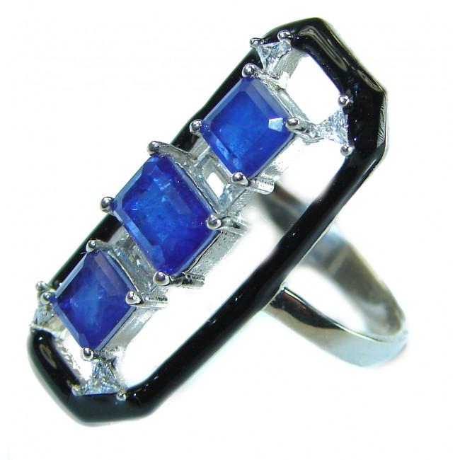 Art Deco Sapphire black enamel .925 Sterling Silver handcrafted Ring size 8