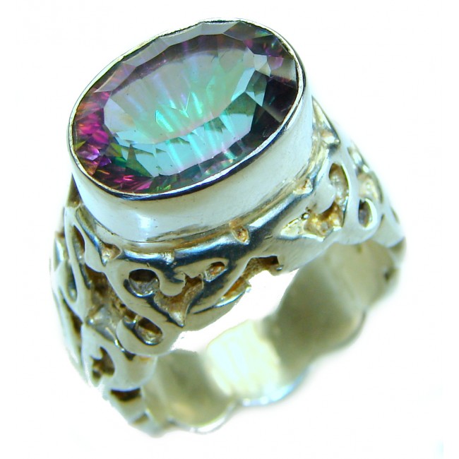 Massive Mystic Topaz .925 Sterling Silver handcrafted ring size 8 1/4