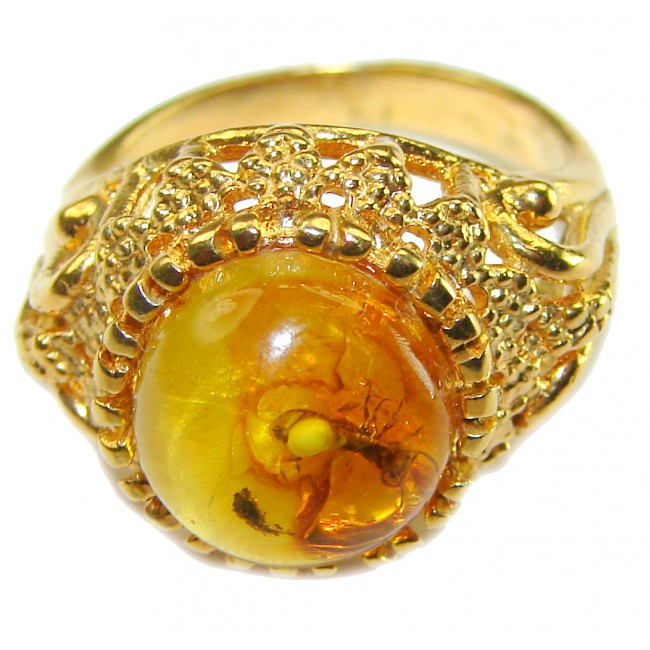 Golden Authentic Baltic Amber .925 Sterling Silver handcrafted ring; s. 7