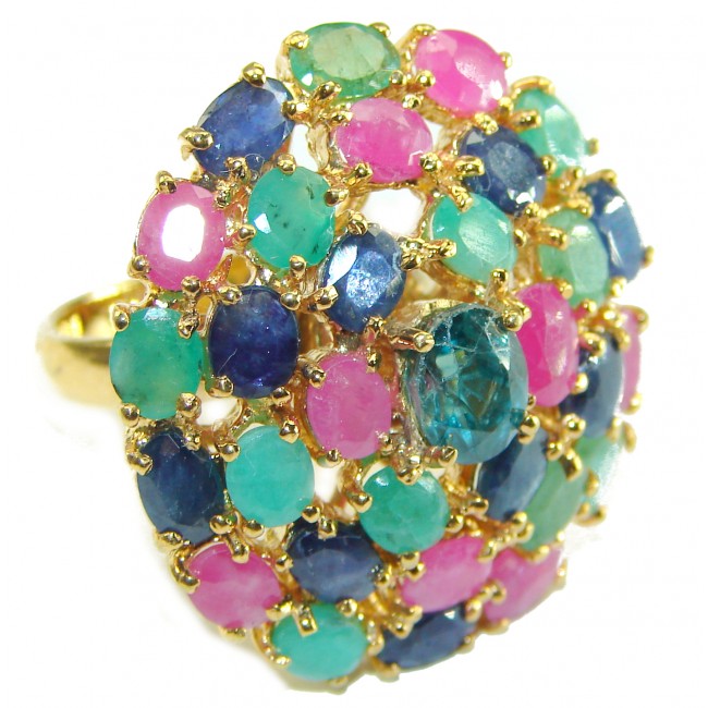 Luxurious Sapphire Emerald Ruby 14K Gold over .925 Sterling Silver handcrafted Ring size 8 1/4