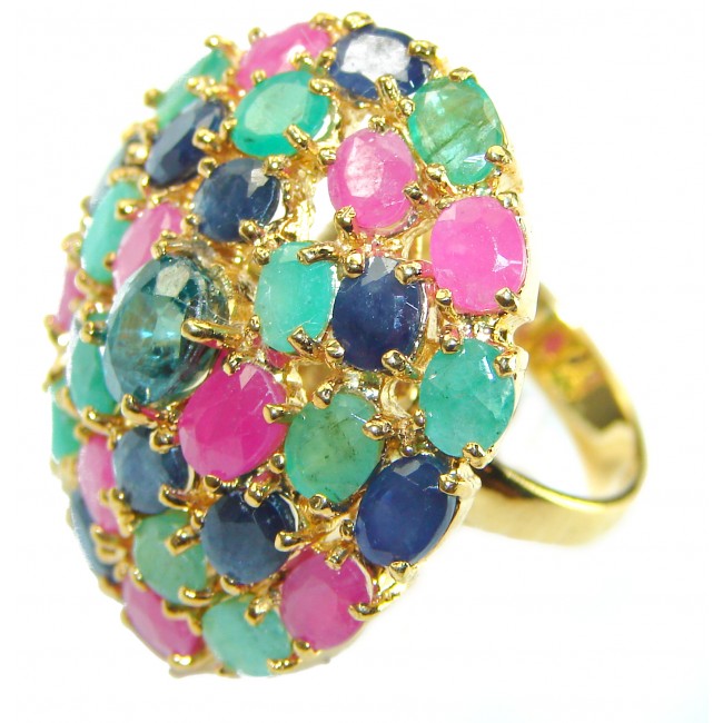 Luxurious Sapphire Emerald Ruby 14K Gold over .925 Sterling Silver handcrafted Ring size 8 1/4