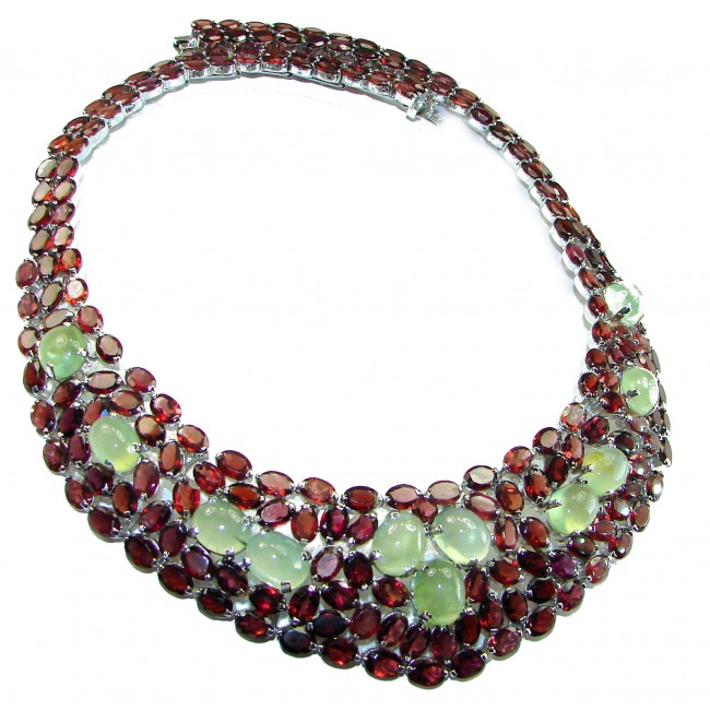 Marie Antoinette's Style Natural Prehnite Garnet .925 Sterling Silver handmade Necklace