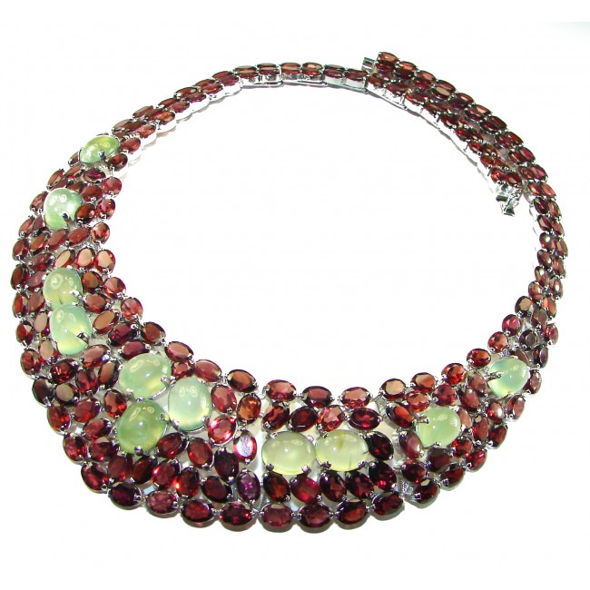 Marie Antoinette's Style Natural Prehnite Garnet .925 Sterling Silver handmade Necklace