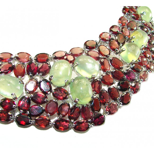 Marie Antoinette's Style Natural Prehnite Garnet .925 Sterling Silver handmade Necklace